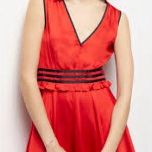 NWT The Kooples Red V-Neck Satin Dress with Black Waist Trim